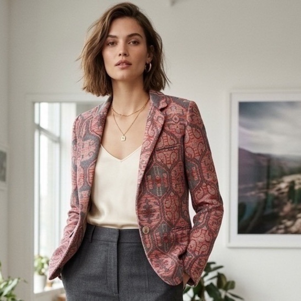 Maje E12LOUNGE Pink Red Geometric Jacquard Cotton Blazer Jacket Size 36 Small